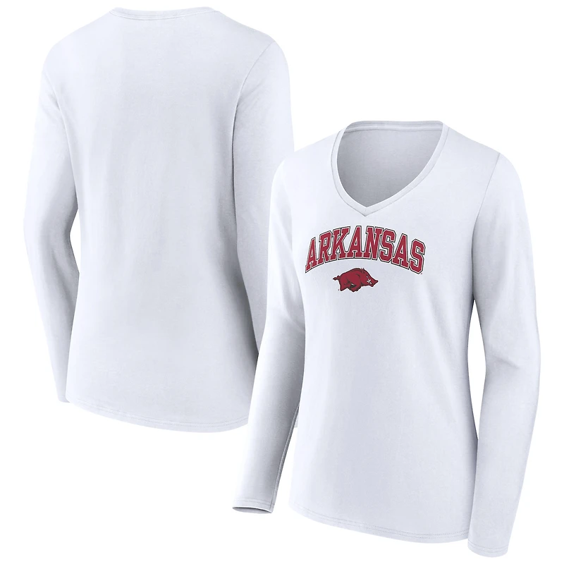 Women's White Arkansas Razorbacks Campus Long Sleeve V-Neck T-Shirt