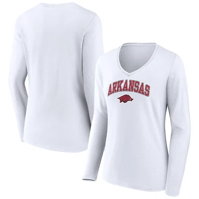 Women's White Arkansas Razorbacks Campus Long Sleeve V-Neck T-Shirt