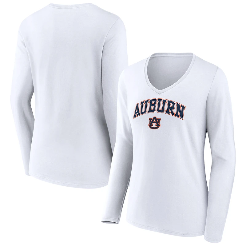 Women's White Auburn Tigers Campus Long Sleeve V-Neck T-Shirt