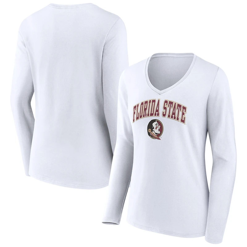 Women's White Florida State Seminoles Campus Long Sleeve V-Neck T-Shirt