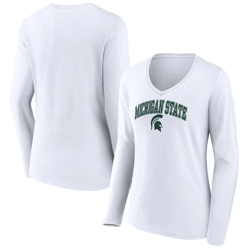 Women's White Michigan State Spartans Campus Long Sleeve V-Neck T-Shirt