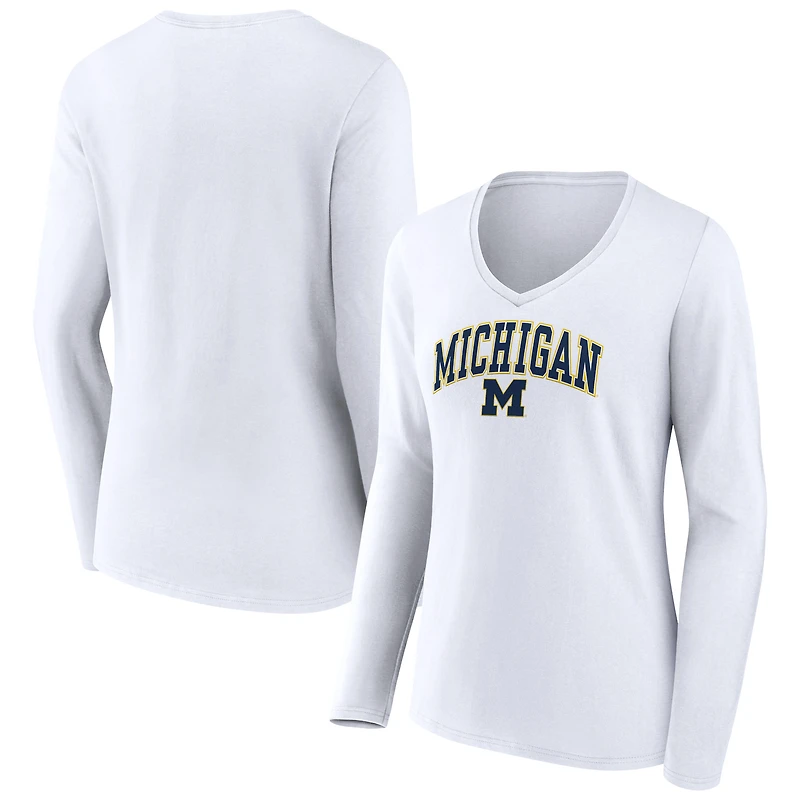 Women's White Michigan Wolverines Campus Long Sleeve V-Neck T-Shirt