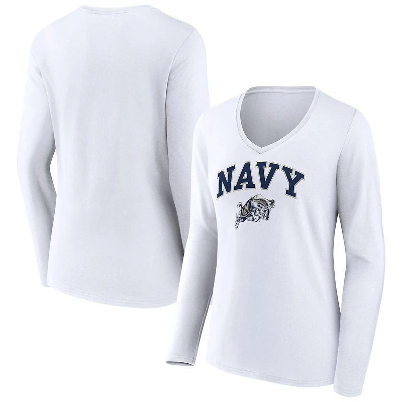 Women's White Navy Midshipmen Campus Long Sleeve V-Neck T-Shirt