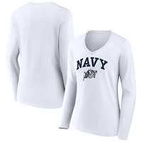 Women's White Navy Midshipmen Campus Long Sleeve V-Neck T-Shirt
