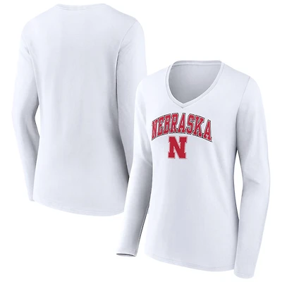 Women's White Nebraska Huskers Campus Long Sleeve V-Neck T-Shirt