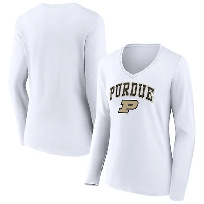 Women's White Purdue Boilermakers Campus Long Sleeve V-Neck T-Shirt