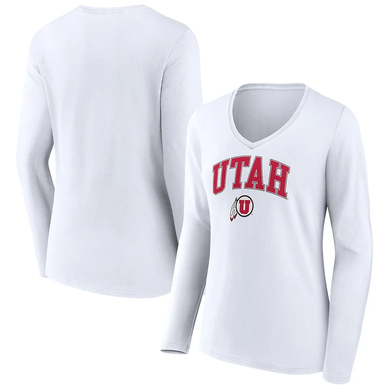 Women's White Utah Utes Campus Long Sleeve V-Neck T-Shirt