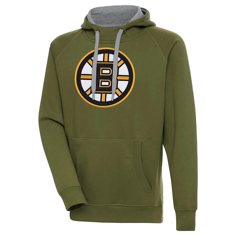 Men's Antigua Olive Boston Bruins Victory Pullover Hoodie