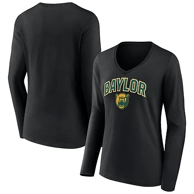 Women's Black Baylor Bears Campus Long Sleeve V-Neck T-Shirt