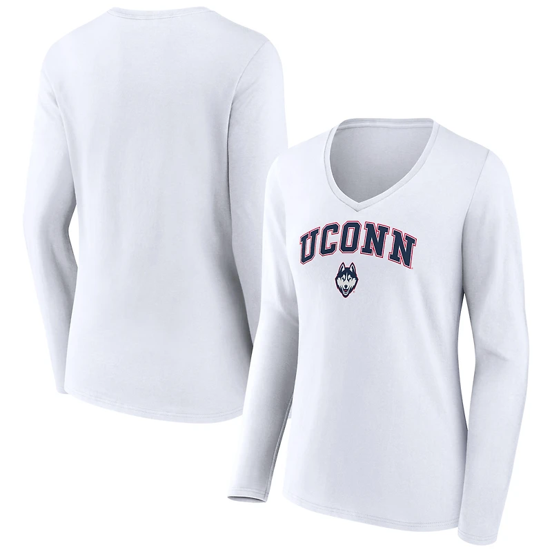 Women's White UConn Huskies Campus Long Sleeve V-Neck T-Shirt