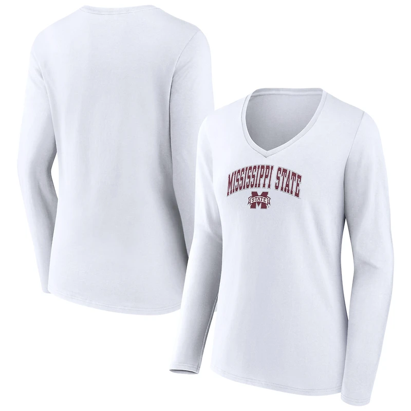 Women's White Mississippi State Bulldogs Campus Long Sleeve V-Neck T-Shirt