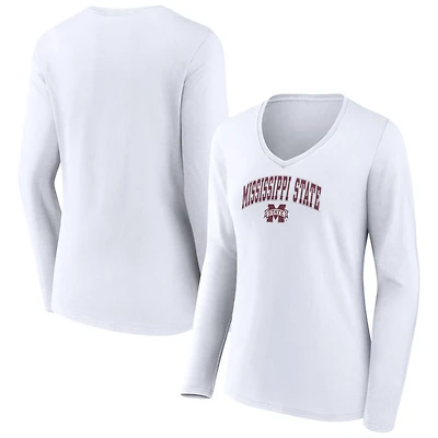 Women's White Mississippi State Bulldogs Campus Long Sleeve V-Neck T-Shirt