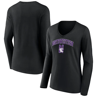 Women's Black Northwestern Wildcats Campus Long Sleeve V-Neck T-Shirt