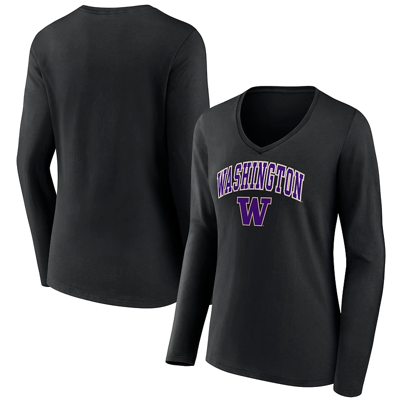 Women's Black Washington Huskies Campus Long Sleeve V-Neck T-Shirt