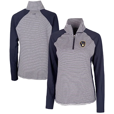 Women's Cutter & Buck  Navy Milwaukee Brewers DryTec Forge Tonal Stripe Half-Zip Top