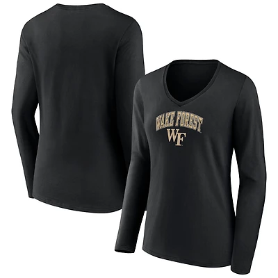 Women's Black Wake Forest Demon Deacons Campus Long Sleeve V-Neck T-Shirt