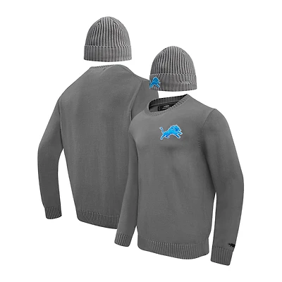 Men's Pro Standard Gray Detroit Lions Crewneck Pullover Sweater & Cuffed Knit Hat Box Gift Set