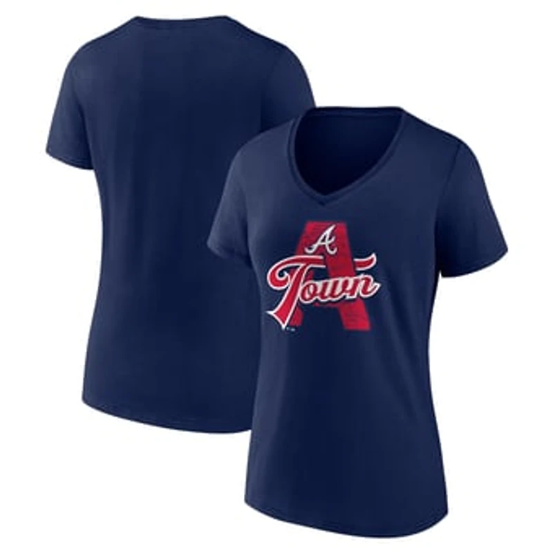 Women's Navy Atlanta Braves Hometown A Town Map V-Neck T-Shirt