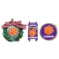 The Memory Company Clemson Tigers Three-Pack Wreath, Sled & Circle Ornament Set