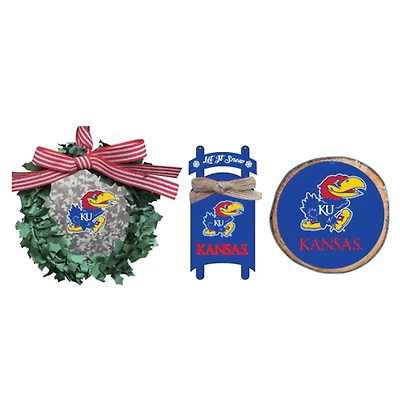 The Memory Company Kansas Jayhawks Three-Pack Wreath, Sled & Circle Ornament Set