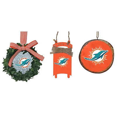 The Memory Company Miami Dolphins Three-Pack Wreath, Sled & Circle Ornament Set