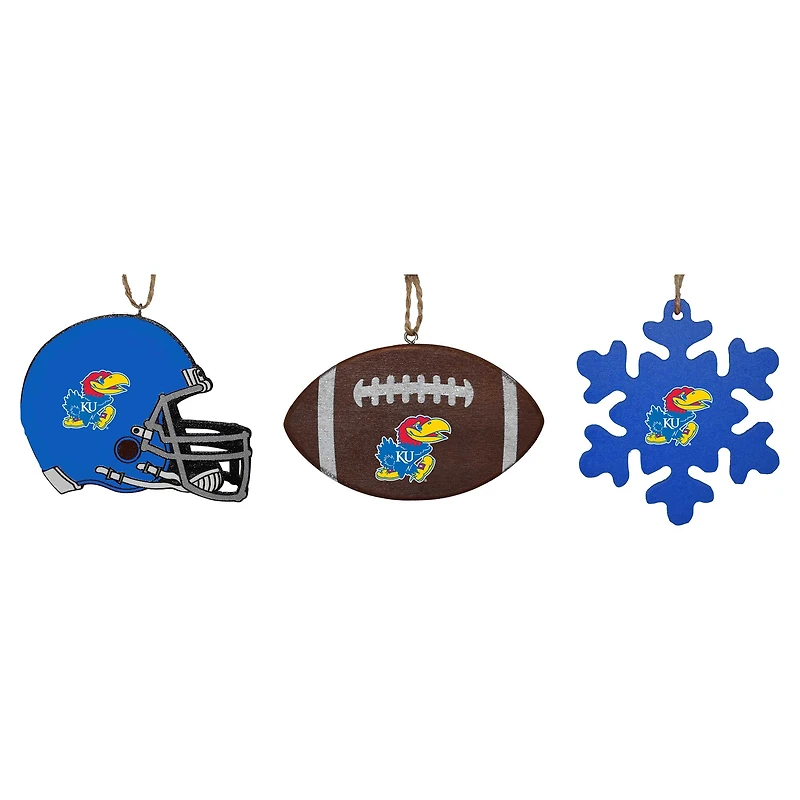 The Memory Company Kansas Jayhawks Three-Pack Helmet, Football & Snowflake Ornament Set
