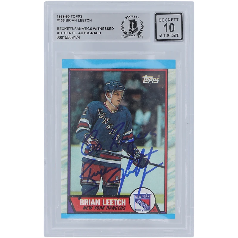 Brian Leetch New York Rangers Autographed 1989-90 Topps #136 Beckett Fanatics Witnessed Authenticated 10 Rookie Card with "Go Rangers" Inscription