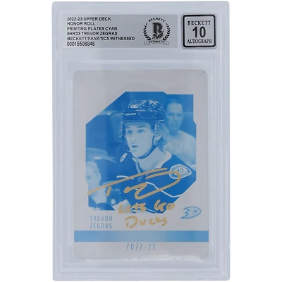 Trevor Zegras Anaheim Ducks Autographed 2021-22 Upper Deck Series 1 Printing Plate #HR-33 #1/1 Beckett Fanatics Witnessed Authenticated 10 Rookie Card with "Lets Go Ducks" Inscription