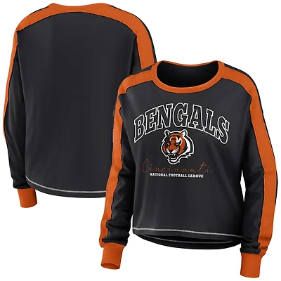 Women's WEAR by Erin Andrews Black/Orange Cincinnati Bengals Color Block Modest Crop Long Sleeve T-Shirt