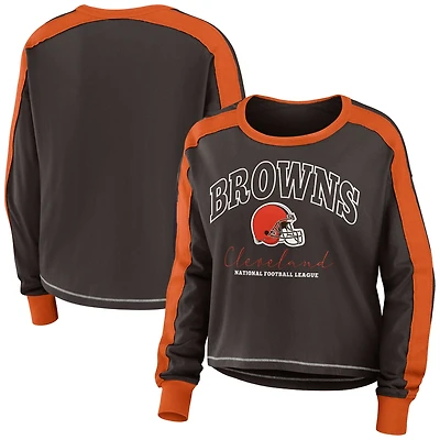 Women's WEAR by Erin Andrews Brown/Orange Cleveland Browns Color Block Modest Crop Long Sleeve T-Shirt