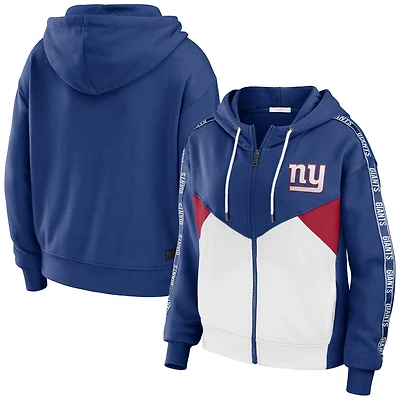 Women's WEAR by Erin Andrews Royal/White New York Giants Color Block Light Weight Modest Crop Full-Zip Hoodie