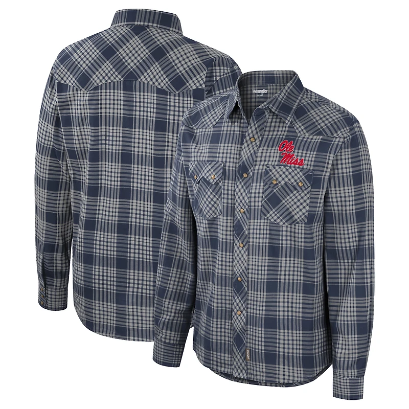 Men's Colosseum x Wrangler Navy Ole Miss Rebels Plaid Western Long Sleeve Full-Snap Shirt
