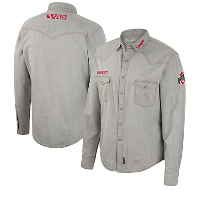 Men's Colosseum x Wrangler Gray Ohio State Buckeyes Cowboy Cut Western Full-Snap Long Sleeve Shirt