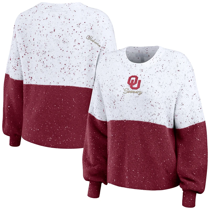Women's WEAR by Erin Andrews White/Crimson Oklahoma Sooners Colorblock Script Pullover Sweater