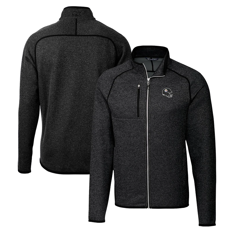 Men's Cutter & Buck  Heather Charcoal Pittsburgh Steelers Helmet Mainsail Sweater-Knit Full-Zip Jacket