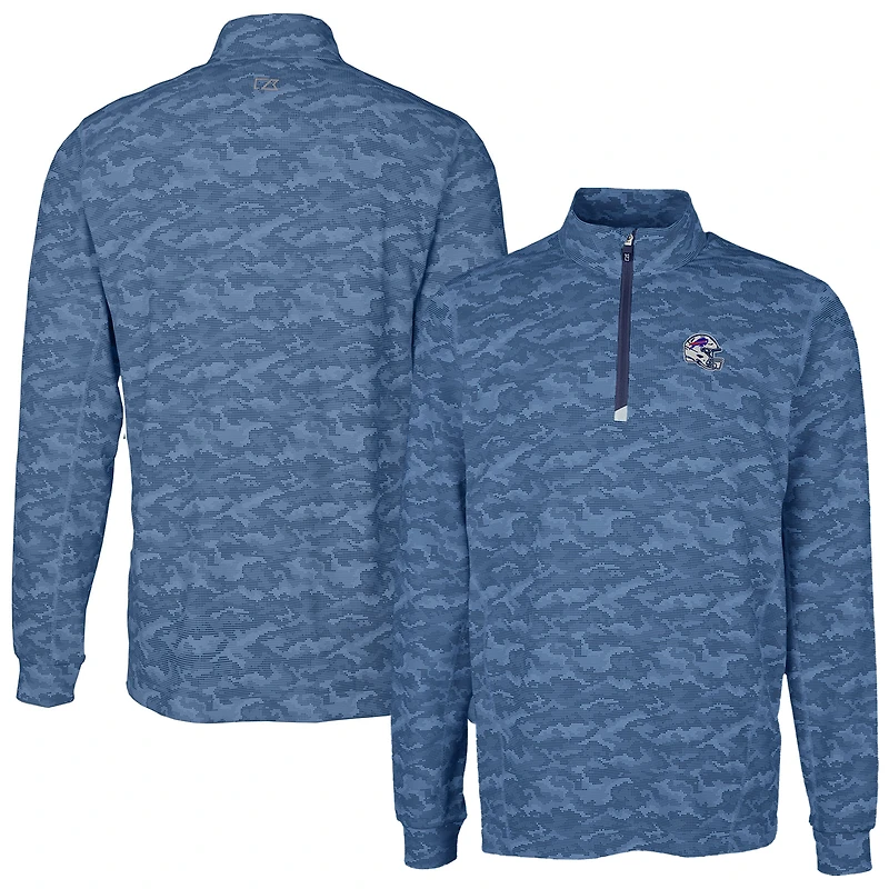Men's Cutter & Buck  Navy Buffalo Bills Helmet Traverse Camo Print Stretch Quarter-Zip Pullover Top