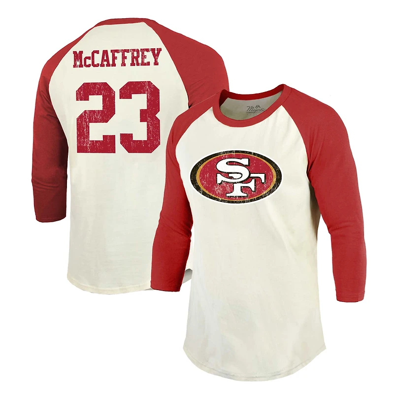 Men's Majestic Threads Christian McCaffrey Cream/Scarlet San Francisco 49ers Player Name & Number Raglan 3/4-Sleeve T-Shirt