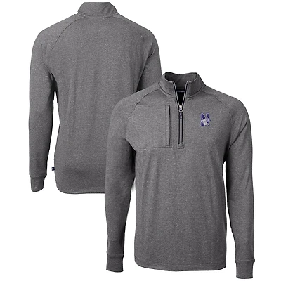 Men's Cutter & Buck  Heather Black Northwestern Wildcats Big & Tall Adapt Eco Knit Quarter-Zip Pullover Top
