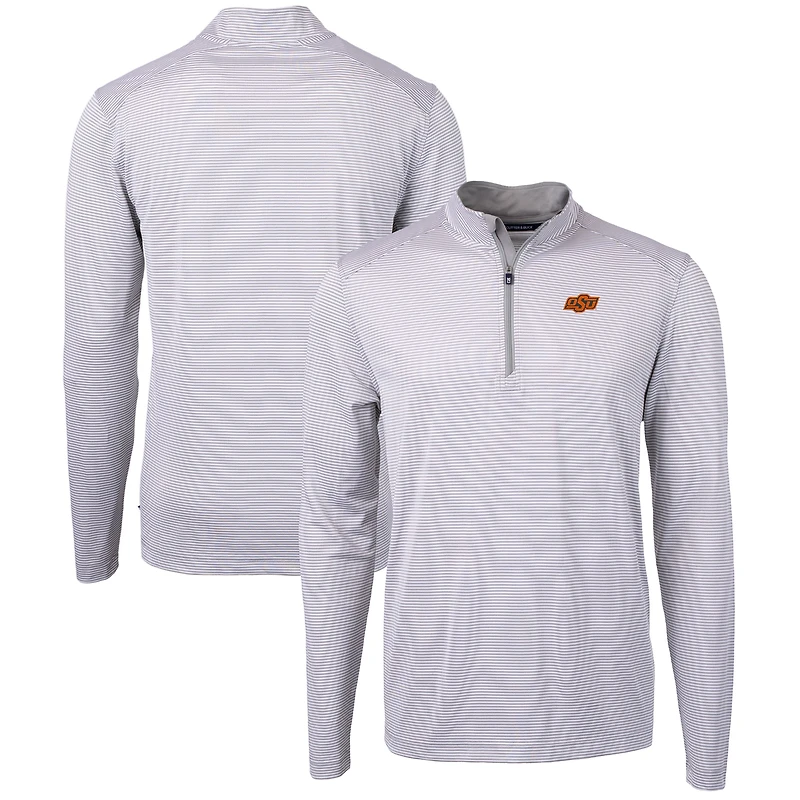 Men's Cutter & Buck Gray/White Oklahoma State Cowboys Big & Tall Virtue Eco Pique Micro Stripe Recycled Quarter-Zip Pullover Top