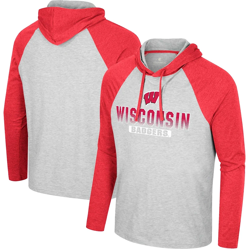 Men's Colosseum  Heather Gray Wisconsin Badgers Hasta La Vista Raglan Hoodie Long Sleeve T-Shirt