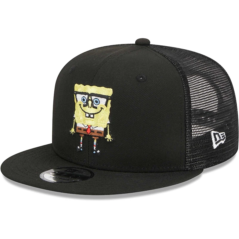 Men's New Era Black SpongeBob SquarePants Glasses Mesh Trucker 9FIFTY Snapback Hat