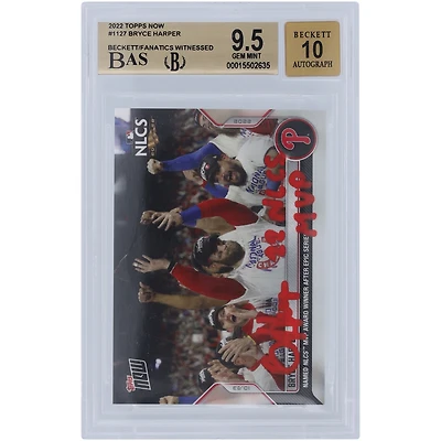 Bryce Harper Philadelphia Phillies Autographed 2022 Topps Now Red Ink #1127 Beckett Fanatics Witnessed Authenticated 9.5/10 Card with "22 NLCS MVP" Inscription - 9.5,9.5,9.5,9.5 Subgrades