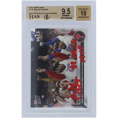 Bryce Harper Philadelphia Phillies Autographed 2022 Topps Now Red Ink #1127 Beckett Fanatics Witnessed Authenticated 9.5/10 Card with "22 NLCS MVP" Inscription - 9.5,9.5,10,9 Subgrades