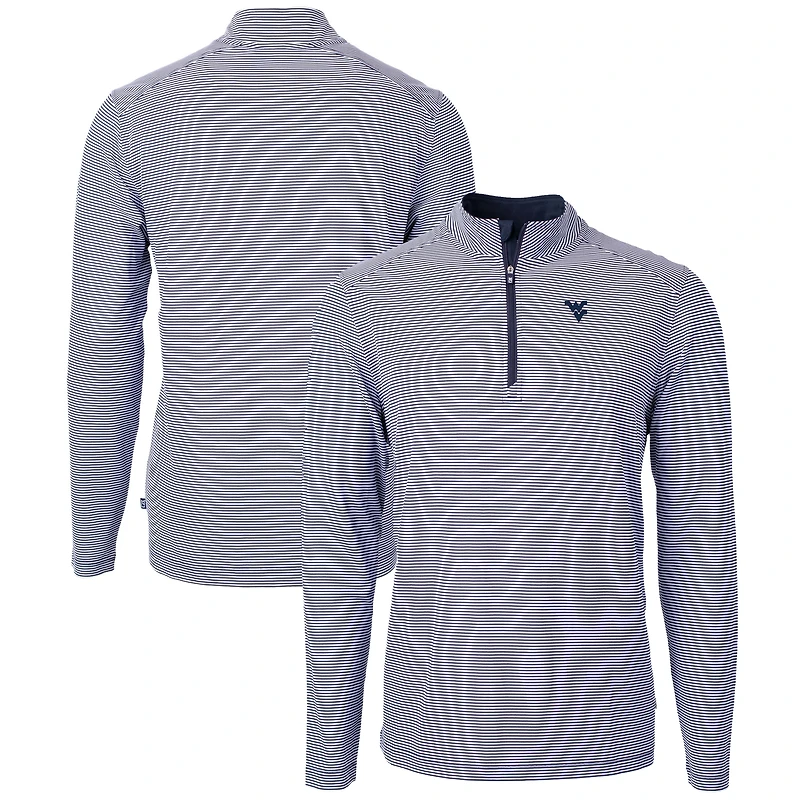 Men's Cutter & Buck  Navy/White West Virginia Mountaineers Big & Tall Virtue Eco Pique Micro Stripe Recycled Quarter-Zip Pullover Top