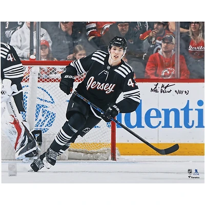 Luke Hughes New Jersey Devils Autographed 16" x 20" NHL Debut Photograph with "NHL DEBUT 4/11/23" Inscription