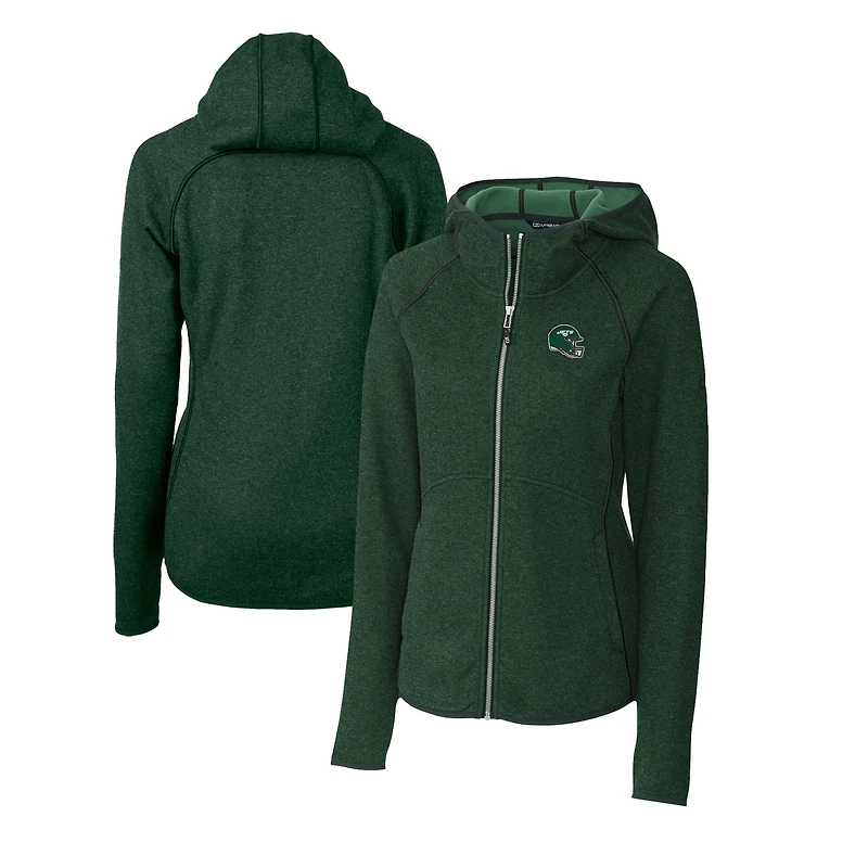 Women's Cutter & Buck  Green New York Jets Helmet Logo Mainsail Sweater-Knit Full-Zip Hoodie