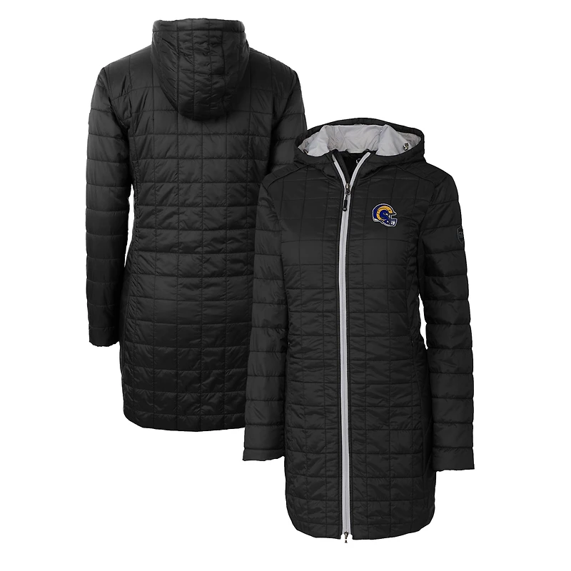 Women's Cutter & Buck  Black Los Angeles Rams Helmet Logo Rainier Primaloft Eco Insulated Hooded Long Coat