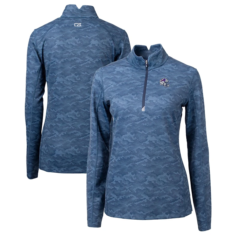 Women's Cutter & Buck  Navy Buffalo Bills Helmet Logo Traverse Camo Print Stretch Quarter-Zip Pullover Top