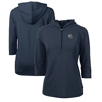 Women's Cutter & Buck  Navy New England Patriots Helmet Logo DryTec Virtue Eco Pique Recycled 3/4-Sleeve Half-Zip Pullover Hoodie