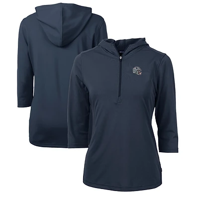 Women's Cutter & Buck  Navy New England Patriots Helmet Logo DryTec Virtue Eco Pique Recycled 3/4-Sleeve Half-Zip Pullover Hoodie
